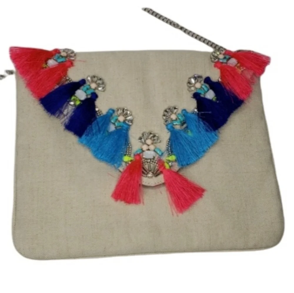 Steve Madden Daphne Clutch Tassel Trim Canvas Crossbody Silver Chain Detail NEW